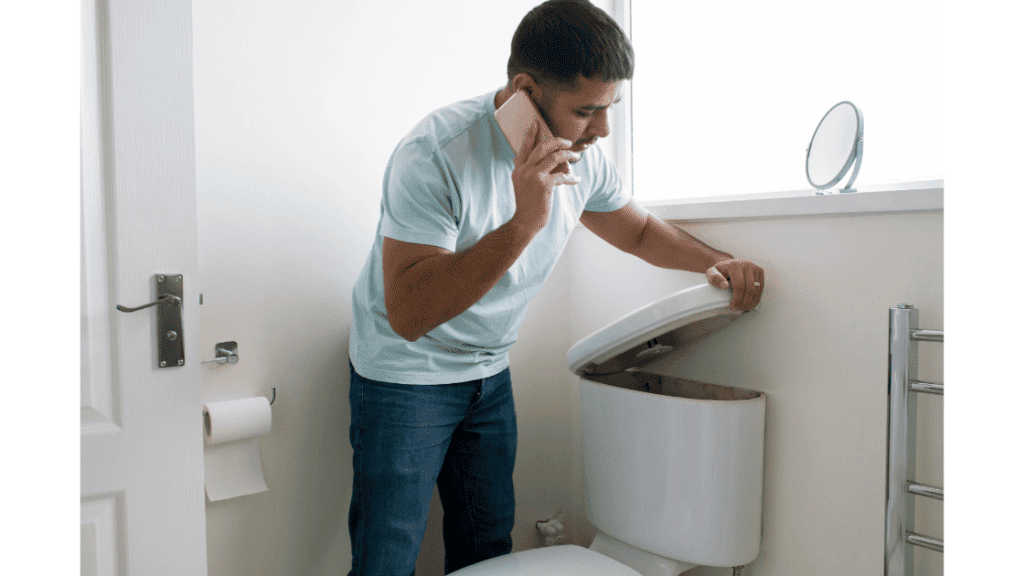 man calling plumber because toilet is clogged with baby wipes
