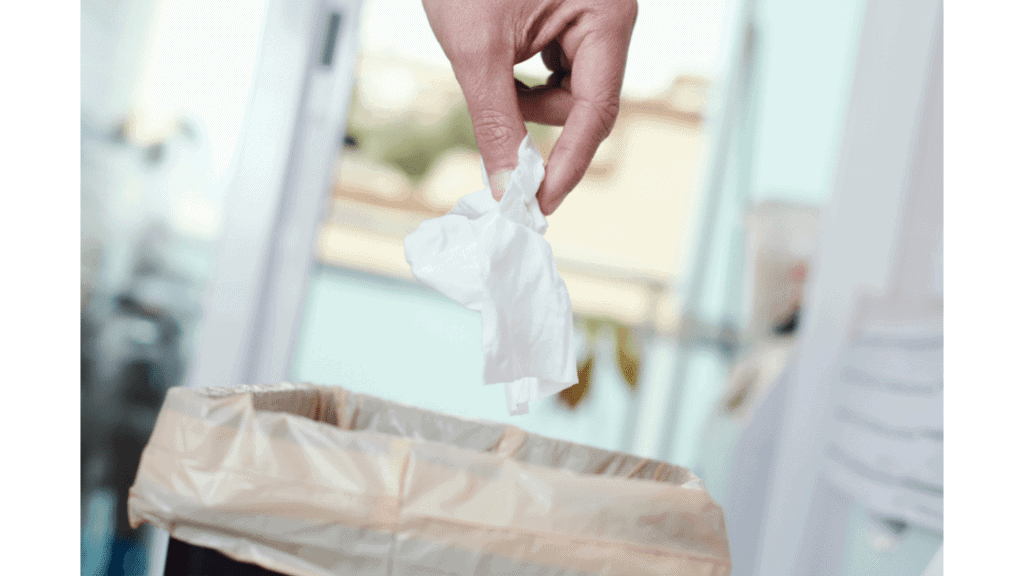 throwing wipes into trash can